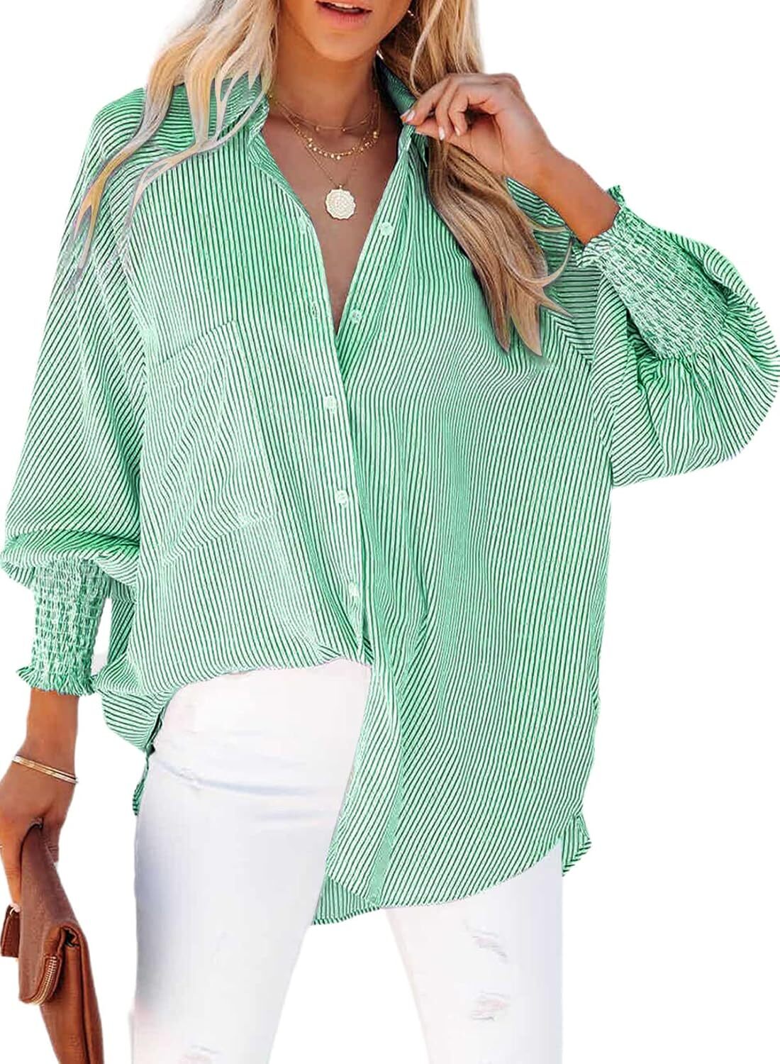 🔥2026 Clearance Item🔥Women's pleated cuffs striped shirt with pockets and casual collar