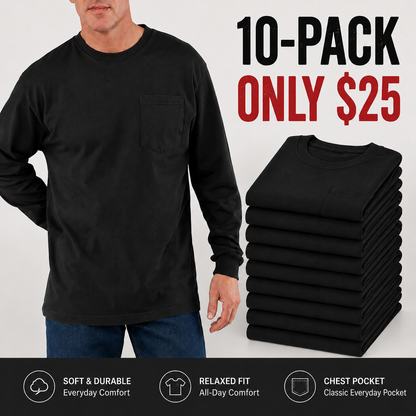 🔥Men's Heavyweight Long-Sleeve Pocket T-Shirt – Relaxed Fit Everyday Casual Tee | Big & Tall Available