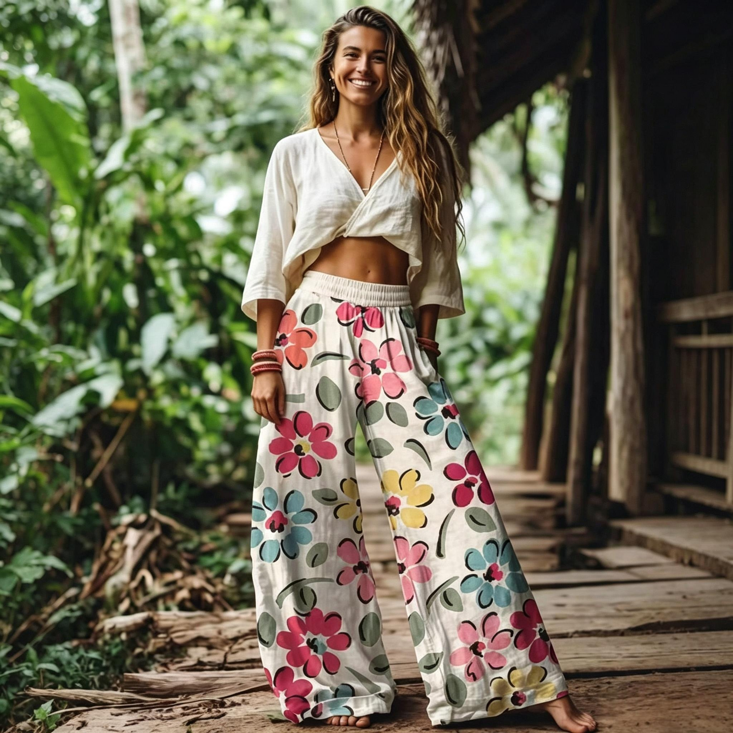Women's Casual Bohemian Style Floral Print Wide Leg Pant