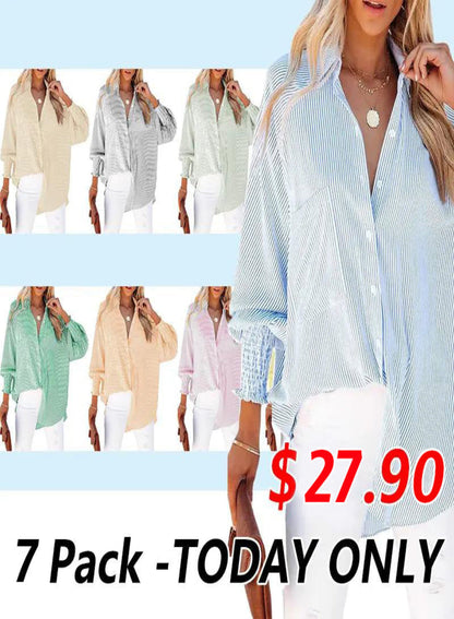 🔥2026 Clearance Item🔥Women's pleated cuffs striped shirt with pockets and casual collar